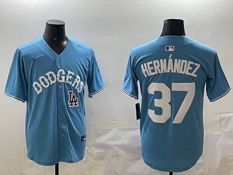 Men Los Angeles Dodgers #37 Hernandez Light Blue Joint Name 2025 Nike MLB Jersey style 24